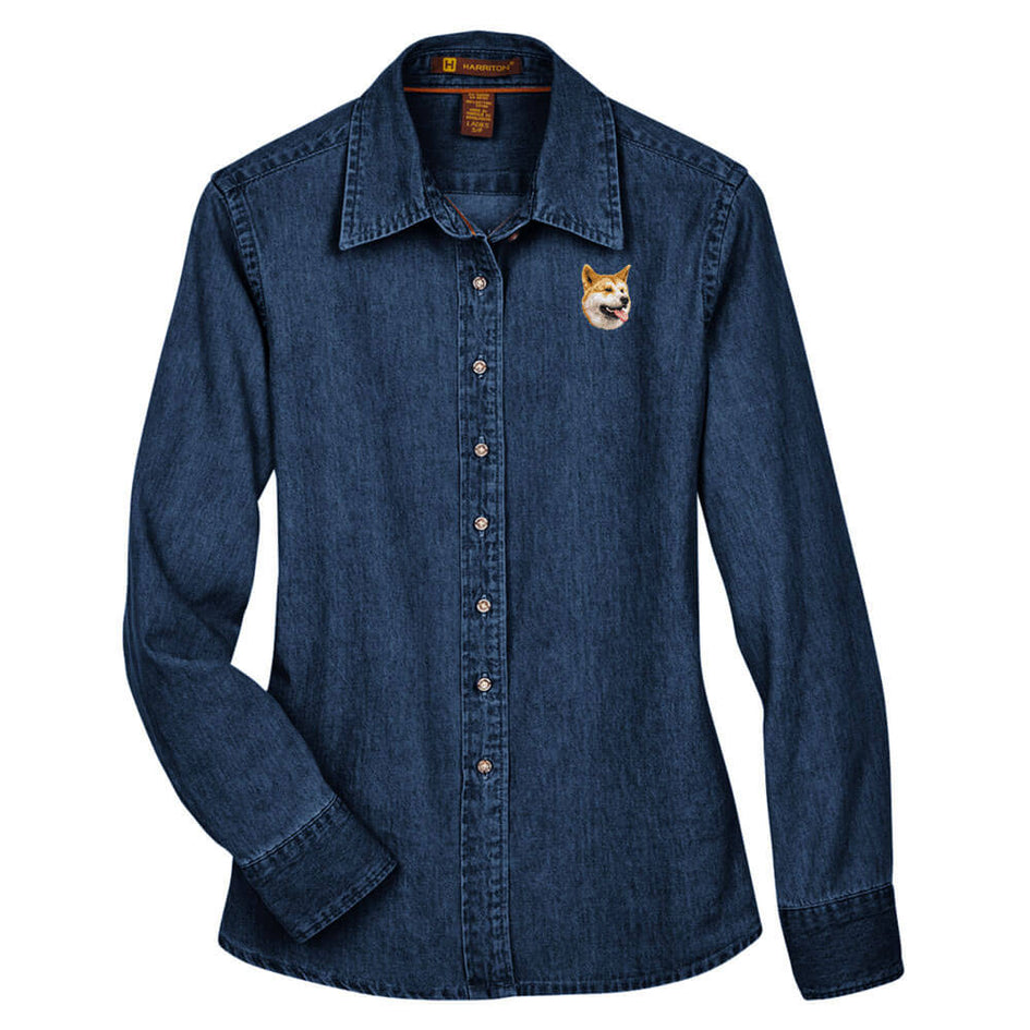 Shiba Inu Embroidered Ladies Denim Shirts