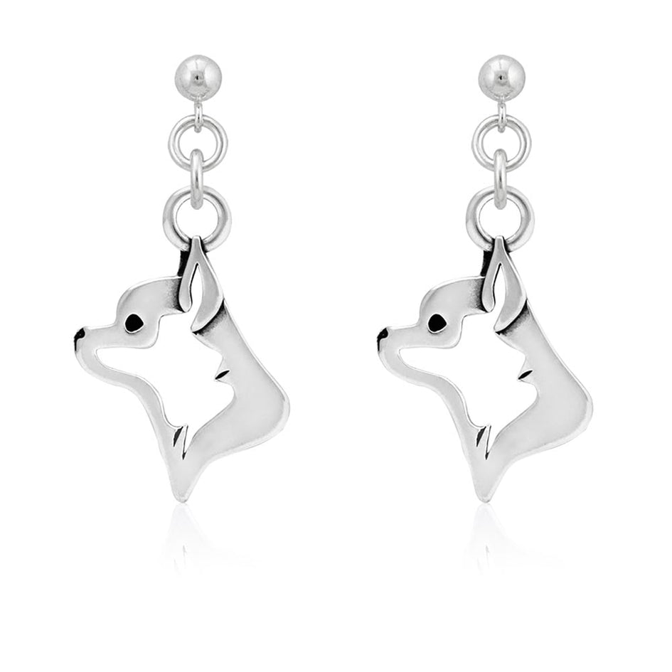 Chihuahua Earrings Head Design in Sterling Silver in Dangle Post.