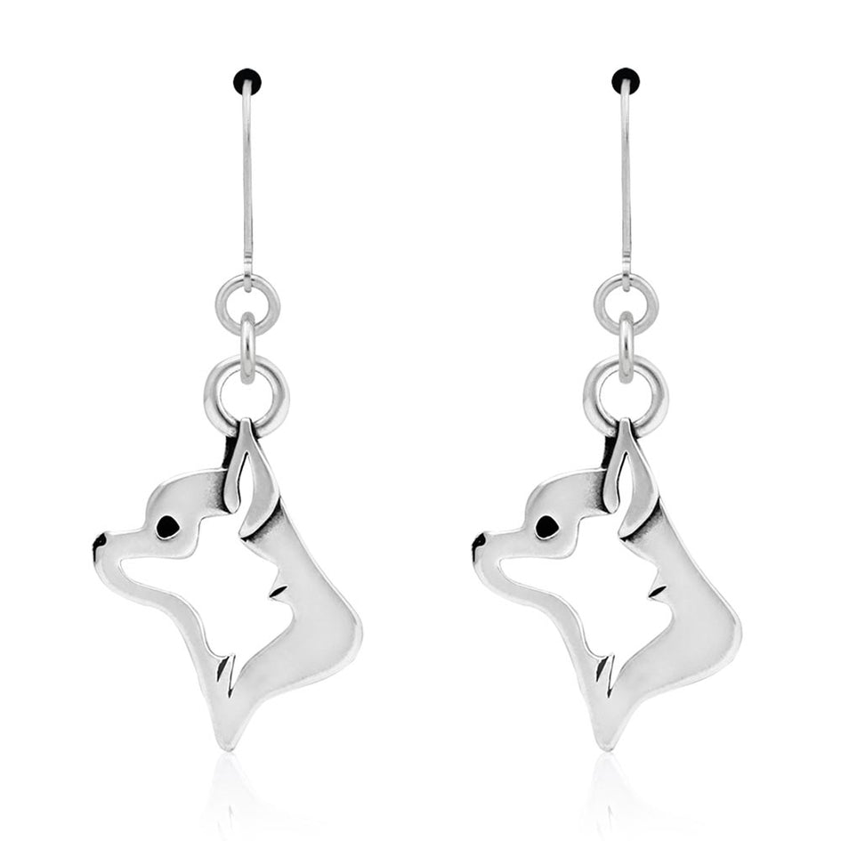 Chihuahua leaverback earrings in sterling silver in head study. 