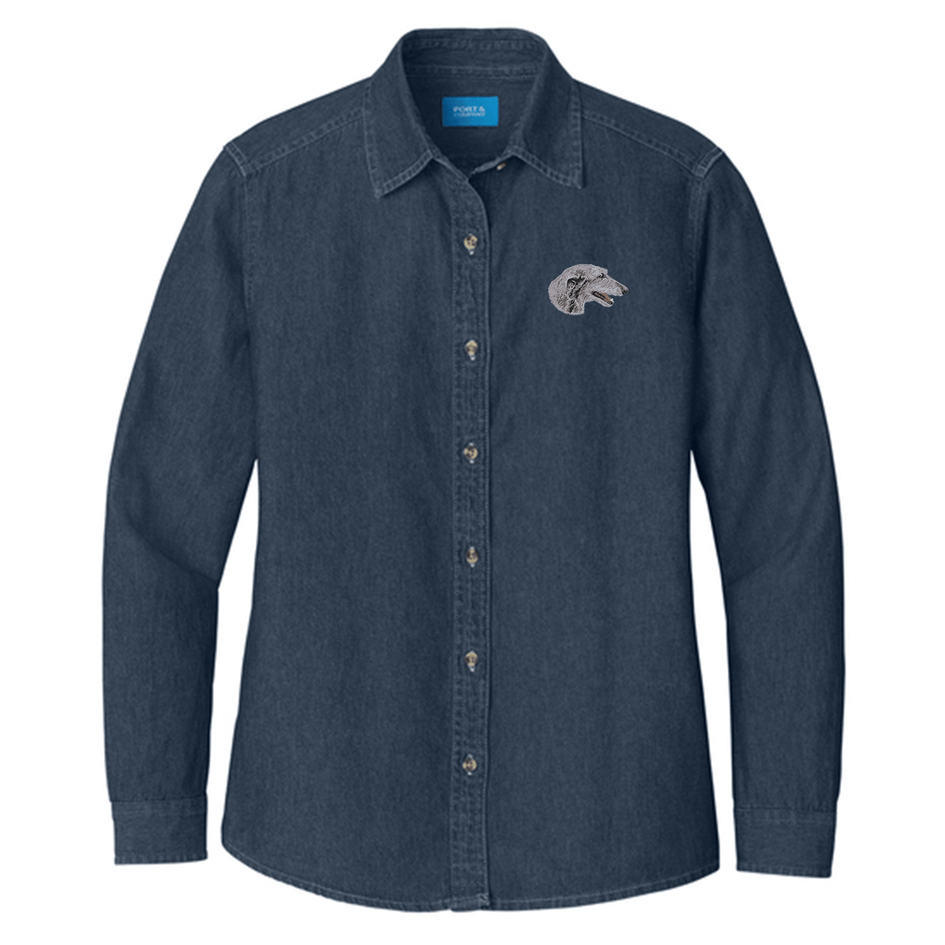 Scottish Deerhound Embroidered Women's Denim Shirt