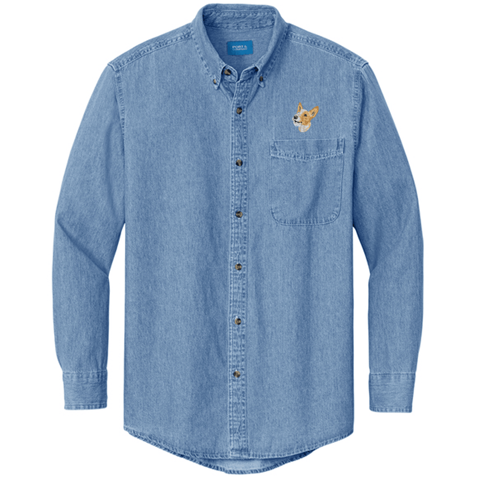 Portuguese Podengo Pequeno Embroidered Men's Denim Shirt