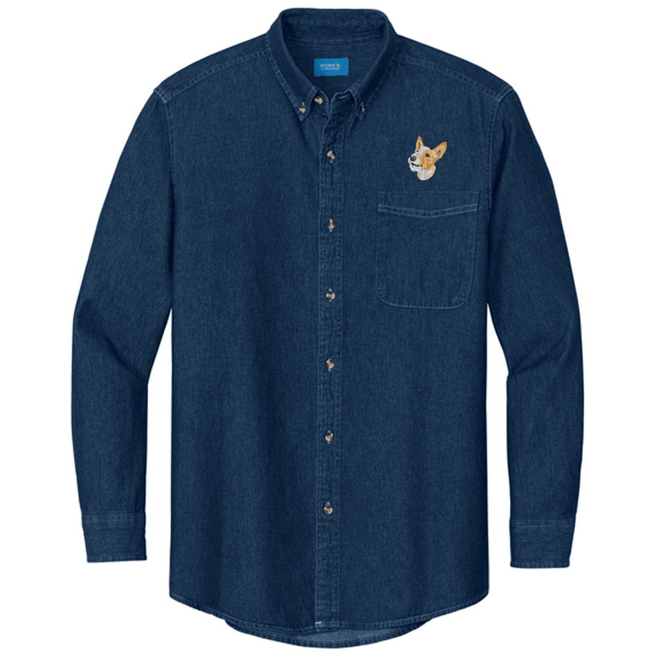 Portuguese Podengo Pequeno Embroidered Men's Denim Shirt