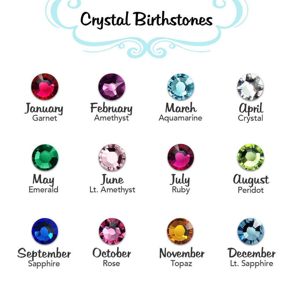 A 4x3 chart displaying 12 birthstone crystals. January is deep red, February is purple, March is a bright pastel blue, April is a brilliant clear, May is deep green, June is pastel pink, July is a ruby red, August is a light electric green, September is a deep blue, October is pink, November is a brilliant yellow-orange, and December is a shimmering bright blue.