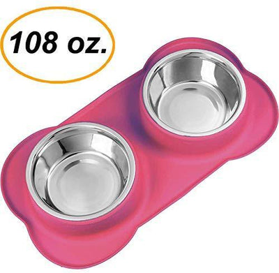 EZPETZ Large Dog Bowl - Two 51 oz. Stainless Steel Dog Bowls with No Spill Non-Skid Silicone Mat - Water Bowl and Food Bowl for Medium to Large Dogs (Pink)
